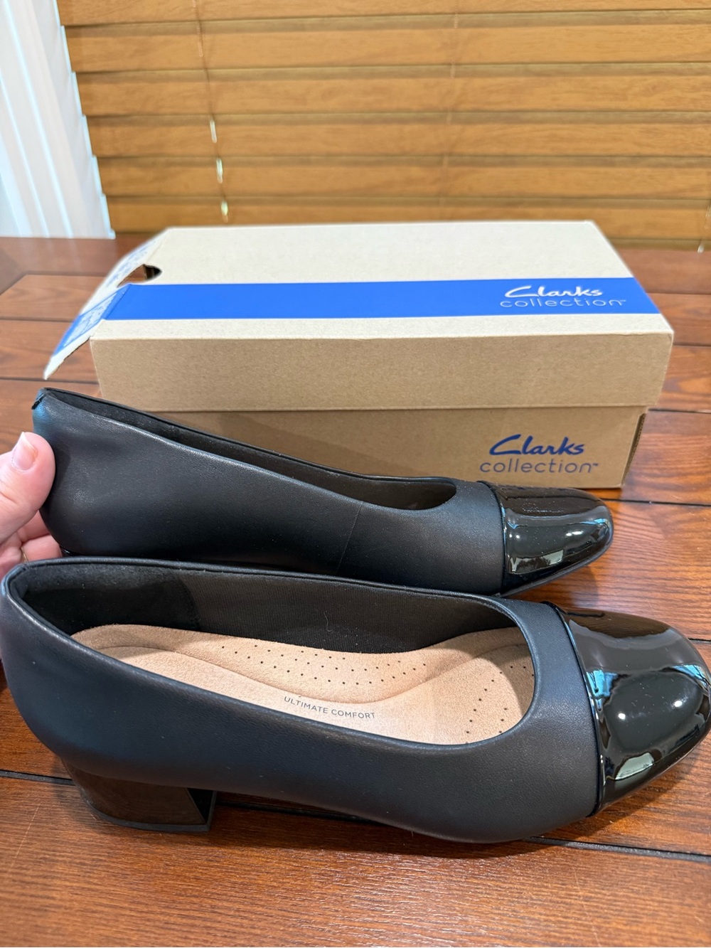 Clarks Black Low Block Heel Cap-Toe Flats